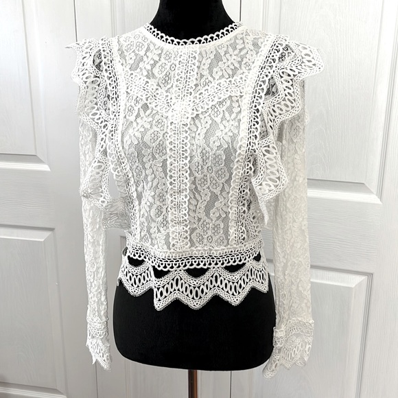 White Lace Blouse Mock Neck sz S - Picture 4 of 14